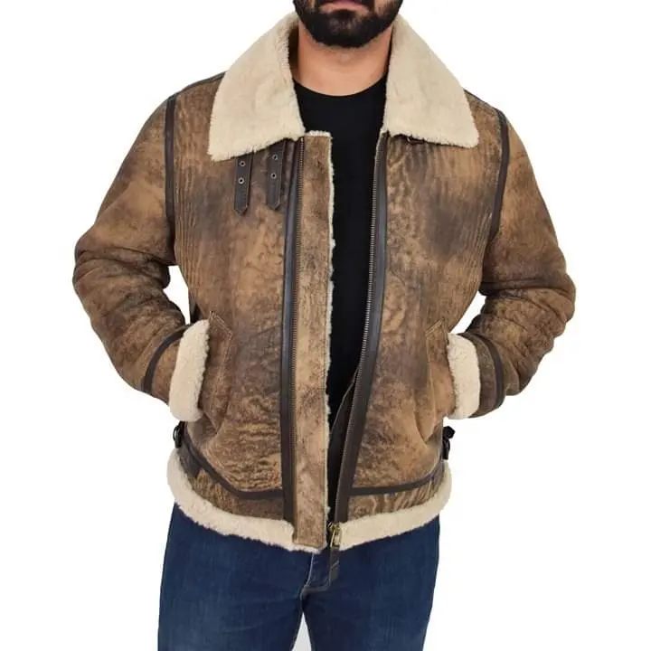 Men's New 2021 Wholesale Brown Fighter Aviator B3 Flight Bomber Fur Shearling Genuine Sheepskin Leather Jacket Winter Hot Sale