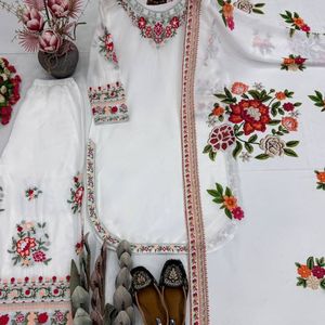 Embroidered <b>Indian</b> Pakistani <b>Top</b> Salwar Kameez Set Floral Embroidery Long Tunic Palazzo Outfit Festive Wear - Product Image 1