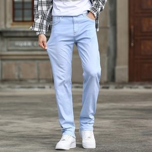 Pantalones Vaqueros Personalizados de Mezclilla, Corte Ajustado, Elásticos, en Oferta, para Hombre, de Algodón, Rectos, Azul Claro, Regular - Product Image 4