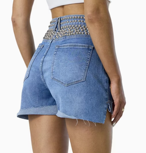 Shorts de Mezclilla para Mujer, Cintura Alta, con Pedrería, Lavado Azul, Cierre de Botones, Personalizados - Product Image 5