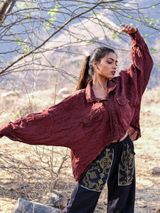 Handcrafted <b>Maroon</b> Textured Cotton Utility Shirt Jacket for Women Earthy Organic Autumn Outerwear Boho Style Cotton Cardigan <b>Top</b> - Product Image 5