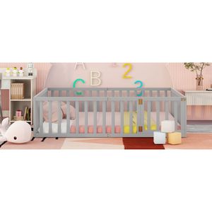 Letto a pavimento Queen Size in legno grigio con recinzione e porta per bambini - Vecchio SKU WF289663AAE - Product Image 4