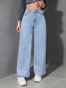Jeans de Pierna Ancha de Cintura Alta Azul Claro para Mujer con Bolsillos - Product Image 4