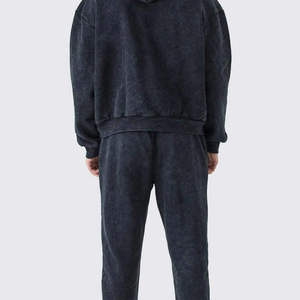 Survêtement à capuche en coton délavé gris foncé pour homme, coupe ample, manches longues, couleur unie, fermeture à cordon, poches latérales, automne - Product Image 3