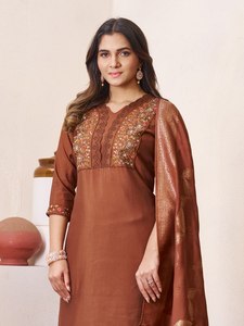 Brown Embroidered Cotton Straight <b>Kurta</b> With Trousers Dupatta Set <b>Women</b> - Product Image 3