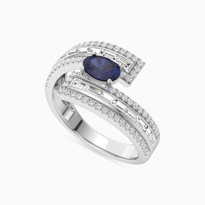 Luxury Women's White Gold Cocktail <b>Ring</b> With Oval Sapphire And Baguette Diamond Channel Setting Pave Band Geometric Design - Product Image 2