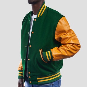 Veste universitaire pour homme en vert et jaune avec manches en cuir PU, couleur unie, fermeture à boutons, style décontracté, coupe classique, pour l'automne - Product Image 2