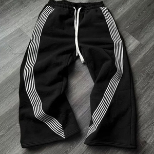 Wholesale 100% Cotton Street Style Baggy Custom Curved Striped Men Wide Leg Oversized Elastic Waist Mid <b>Jogger</b> Sweatpants - Product Image 2