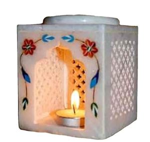 White Marble <b>Lantern</b> Aromatherapy Essential <b>Oil</b> Warmer with Floral Carved Design for Home Decoration - Product Image 1
