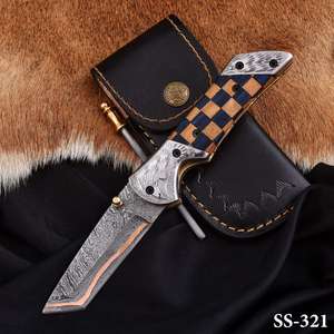 Couteau utilitaire pliant en acier SHARP POINT TRADES, lame droite de 0,5 mm d'épaisseur, manche en bois, ouverture par bouton de pouce, design artistique - Product Image 2