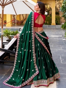 Lehenga Choli en soie semi-cousu pour femme KV, imprimé sérigraphié et brodé (vert) - Tenue traditionnelle de mariage d'automne - Product Image 5
