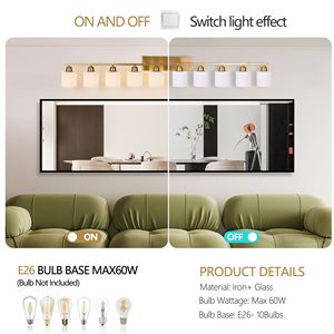 Lampada da Parete Moderna per Bagno da 65 Pollici, Applique Dorata con Paralume in Vetro Bianco Latte, Lusso, Novità 2022 - Product Image 6