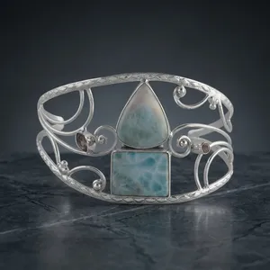 Bracelet manchette en argent sterling 925 avec larimar bleu naturel, motif bohème en spirale, fait main, style statement - Product Image 3