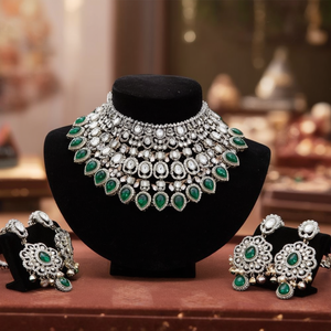 Kundan and Beads Semi-<b>Bridal</b> Necklace <b>Set</b> with Earrings-Gemstone <b>Jewelry</b> Gift - Product Image 3