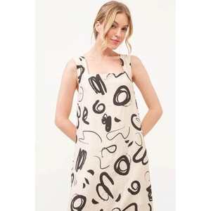 เดรสยาวสีเบจพิมพ์ลายแบบนามธรรมของ Veloro คอทรงเหลี่ยม ไซส์ S ดีไซน์โดดเด่นมีสไตล์ ผลิตด้วยมือ - Product Image 1