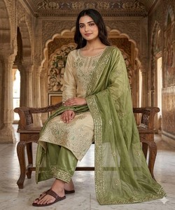 Conjunto Moderno de Top y Pantalón Palazzo con Bordado de Seda y Lentejuelas, con Dupatta, Ropa Étnica para Mujer, Vestido para Bodas y Fiestas 82502 JF-039 - Product Image 2