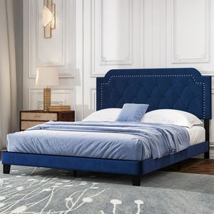 Cama King Size Moderna con Base de Plataforma de Terciopelo, Cabecera con Botones y Adornos de Tachuelas - Product Image 5