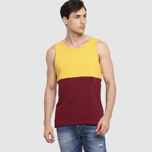Camiseta sin mangas 100% algodón para hombre, estilo urbano, con bloques de color, cuello redondo, amarillo sólido y granate, ajuste muscular informal, para culturismo - Product Image 6