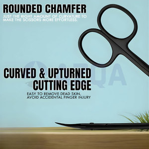 Ciseaux à cuticules en acier inoxydable avec lame incurvée et pointe affûtée, revêtement noir, avec étui en cuir pour manucure et soin de précision - Product Image 5