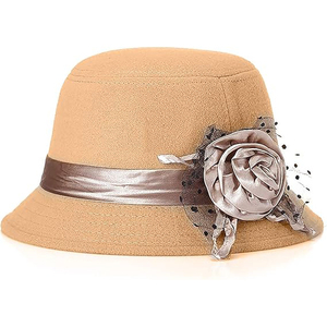 Chapeau Fedora en laine pour femmes, beige, avec fleur en soie et ruban, style européen, accessoire décontracté printemps-été - Product Image 1