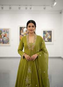 Conjunto de Traje Anarkali de Algodón Verde con Bordado Floral, Largo hasta el Suelo, Ropa Étnica Tradicional para Mujer, India, Pakistán, Boda, Secado Rápido - Product Image 3
