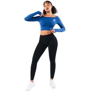 เสื้อครอปแขนยาวสีน้ำเงินแบบเปิดไหล่สำหรับผู้หญิง เหมาะสำหรับโยคะ ฟิตเนส เทรนนิ่ง ออกกำลังกาย และชุดลำลอง - Product Image 3