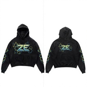 Sudadera con Capucha para Hombre, Lavado Ácido, 350 GSM, 100% Algodón Felpa, Negra, Oversize, Ecológica, Transpirable, Personalizada con Impresión DTF, Serigrafía y Bordado Puff - Product Image 1