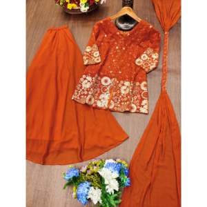 Conjunto de Traje de Mujer de Georgette Bordado de Diseñador con Pantalones Plazzo y Dupatta - Product Image 3