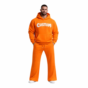 Conjunto Deportivo Personalizado para Hombre, Sudadera con Capucha y Pantalones Deportivos Naranja, Felpa de Algodón, Ropa Deportiva Informal para Gimnasio y Fitness, Dos Piezas - Product Image 1