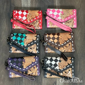 New Arrival Purple & Black Tooled Checkered Leather Wallet Trendy Floral Design ATM Card Holder Women Long Clutch for Shopping - Product Image 1