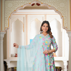 ชุดมิชติ สกายบลู แอนด์ พิงค์ อังกรากาห์ อานาร์กาลี คุรตะ - ชุดเซ็ต 3 ชิ้น ผ้าฝ้ายพิมพ์ลาย อังกรากาห์ อานาร์กาลี พร้อมผ้าคลุมนาซเน็น - Product Image 1