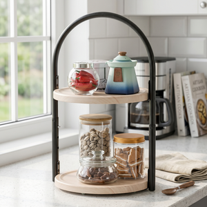 Double Tier Wooden <b>Storage</b> <b>Rack</b> With Metal Frame 360 Rotating For <b>Kitchen</b> Food Organization Minimalist Style - Product Image 2