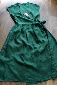 Robe portefeuille rouge sans manches à col en V, coupe trapèze midi en coton, décontractée et ample avec lien à nouer à la taille, idéale pour l'été pour femme - Product Image 3