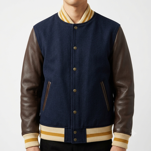 Veste universitaire bleu marine pour homme avec manches en cuir marron, col rabattu, fermeture boutonnée, vêtement d'extérieur décontracté d'automne, coupe classique - Product Image 2