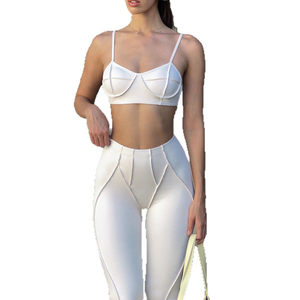 White Spaghetti Strap Sports Bra <b>High</b> <b>Waist</b> <b>Flared</b> <b>Leggings</b> Set Seamless Fitness Wear Women's Activewear Outfit - Product Image 2