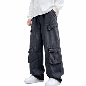 Pantalon cargo en toile délavée pour homme, taille élastique, plusieurs poches, coupe large, style workwear, respirant, poids moyen - Product Image 6