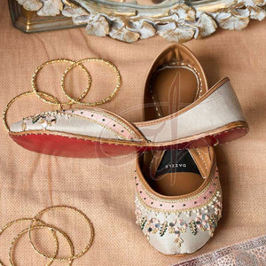 Heavy Neckline Mirror <b>Work</b> Handcrafted Formal <b>Khussa</b> Raw Silk Upper Leather Midsole Anti-Slippery High Quality - Product Image 4