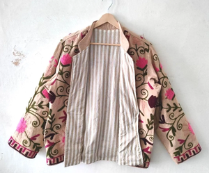 Handcrafted Suzani Embroidery Velvet Breathable Woven Bohemian Vintage Floral <b>Quilted</b> Eco-Friendly Winter Kimono Coat Jacket - Product Image 1