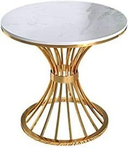 Table d'appoint ronde moderne, plateau en contreplaqué aspect marbre blanc avec cadre doré, table d'appoint de luxe pour salon et chambre à coucher - Product Image 2