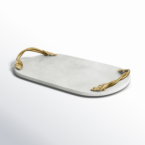 Plateau de service ovale élégant en marbre avec poignées en feuille d'or, vaisselle et assiettes modernes de luxe faites à la main - Product Image 6