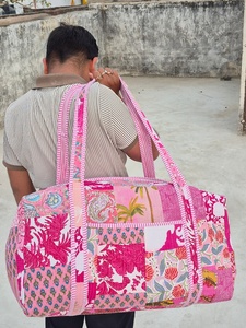 Pink Printed Textile Duffel Bag With <b>Rope</b> Handles Large Capacity Zipper Closure Weekender Travel Bag - Product Image 3