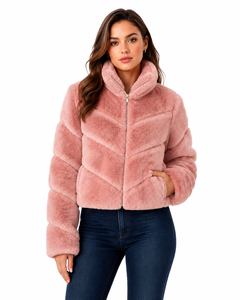 Blush Pink Faux Fur Puffer <b>Jacket</b> <b>Women</b> Winter <b>Zip</b> <b>Up</b> Teddy Coat Soft Plush Warm Outerwear Casual Short Length - Product Image 1
