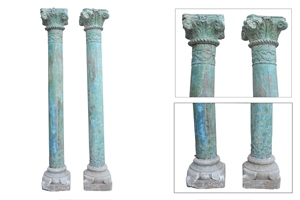 Piliers en bois sculptés à la main Haswani Handicrafts avec base en pierre, finition antique, colonnes architecturales décoratives, paire - Product Image 4