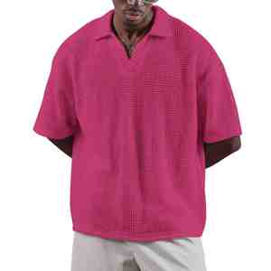 Custom Embroidery Plus Size Men's Pink Waffle Knit Short Sleeve <b>Polo</b> <b>Shirt</b> Casual Solid Color Loose Fit Street Wear Texture <b>Polo</b> - Product Image 4