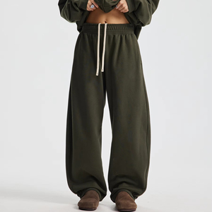 Pantalon de survêtement décontracté pour homme, vert olive, 100 % coton, taille mi-haute, coupe large, taille élastique - Product Image 1