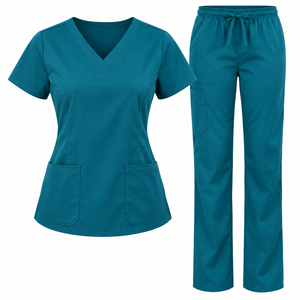 Slate <b>Blue</b> <b>Womens</b> Medical Scrub Set V Neck Short Sleeve Pocket Top Drawstring Straight Leg <b>Trousers</b> Nursing Uniform Clinic Wear - Product Image 4