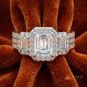 Elegant 925 Sterling <b>Silver</b> <b>Emerald</b> Cut Halo Diamond Engagement <b>Ring</b> with Baguette Side Stones and Double Band for Women - Product Image 1