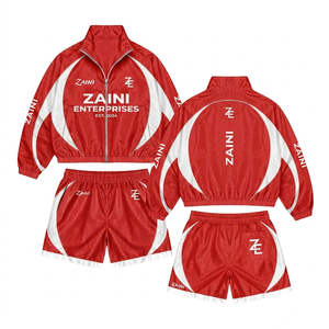 Women Crop Windbreaker Short <b>Set</b> 120 GSM Premium Polyester Taslon Red <b>White</b> Contrast Panel Custom Screen Print Logo - Product Image 1