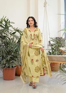 ชุดสูทผ้าฝ้ายสีเหลืองทรงเอไลน์สำหรับผู้หญิง พร้อมผ้าคลุมไหล่ แบบดั้งเดิม ทรงปกติ ความยาวระดับเข่า ชุดลำลองสำหรับฤดูร้อน แห้งเร็ว สไตล์อินเดีย ปากีสถาน - Product Image 2
