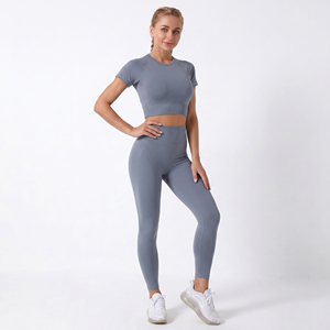 Short Sleeve <b>Crop</b> <b>Top</b> Yoga 2 Piece Set Fitness Wear Activewear Women Yoga Workout <b>Crop</b> Tee Two Piece Set Short Sleeve Yoga Set - Product Image 2